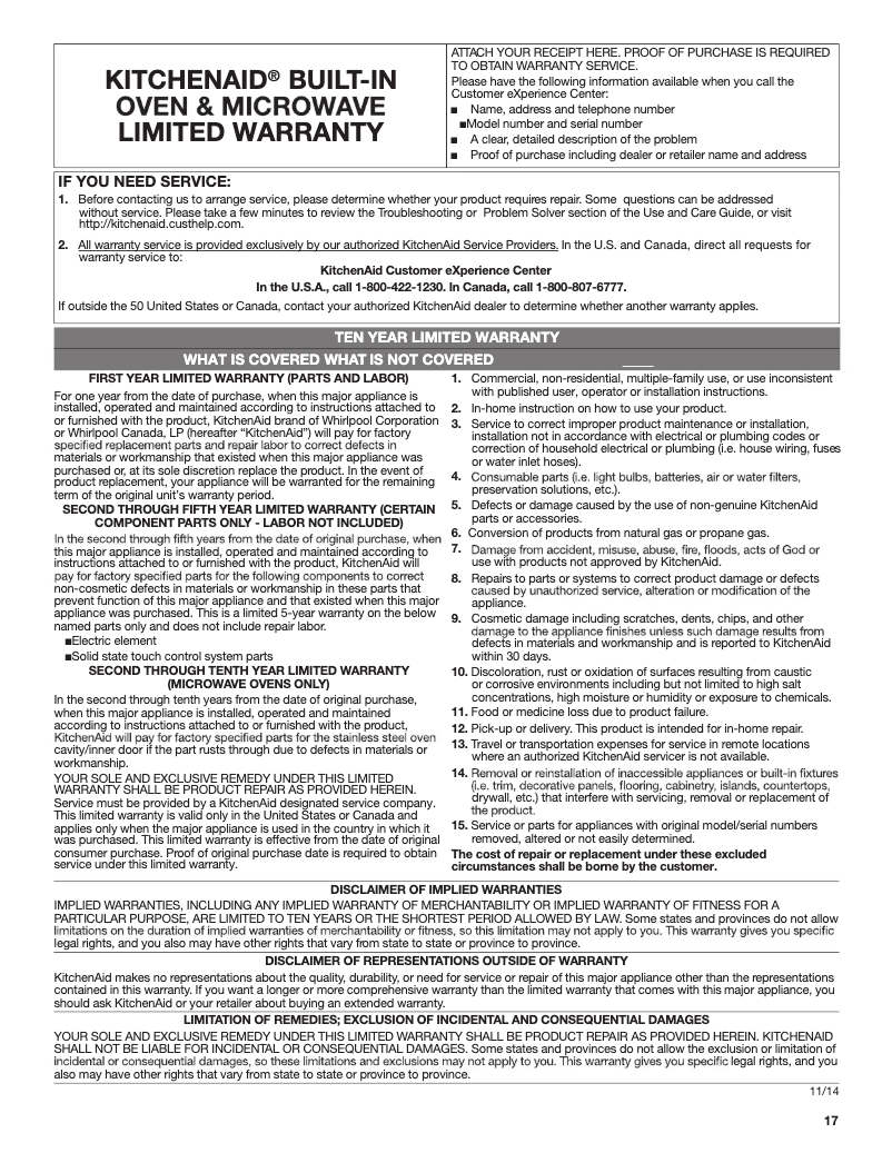 Página 1 del manual Información de garantía KitchenAid KMBD104GSS