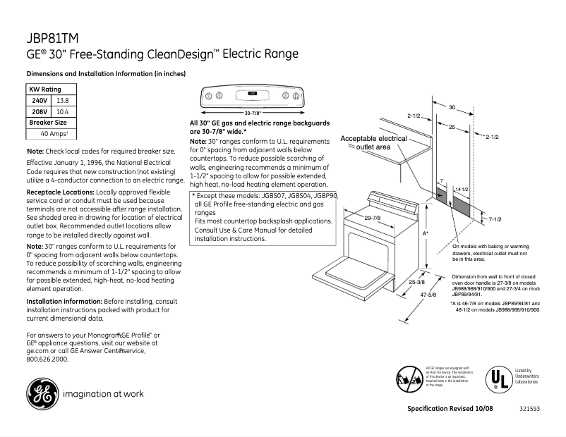 Página 1 del manual Ficha técnica GE JBP81TMCC