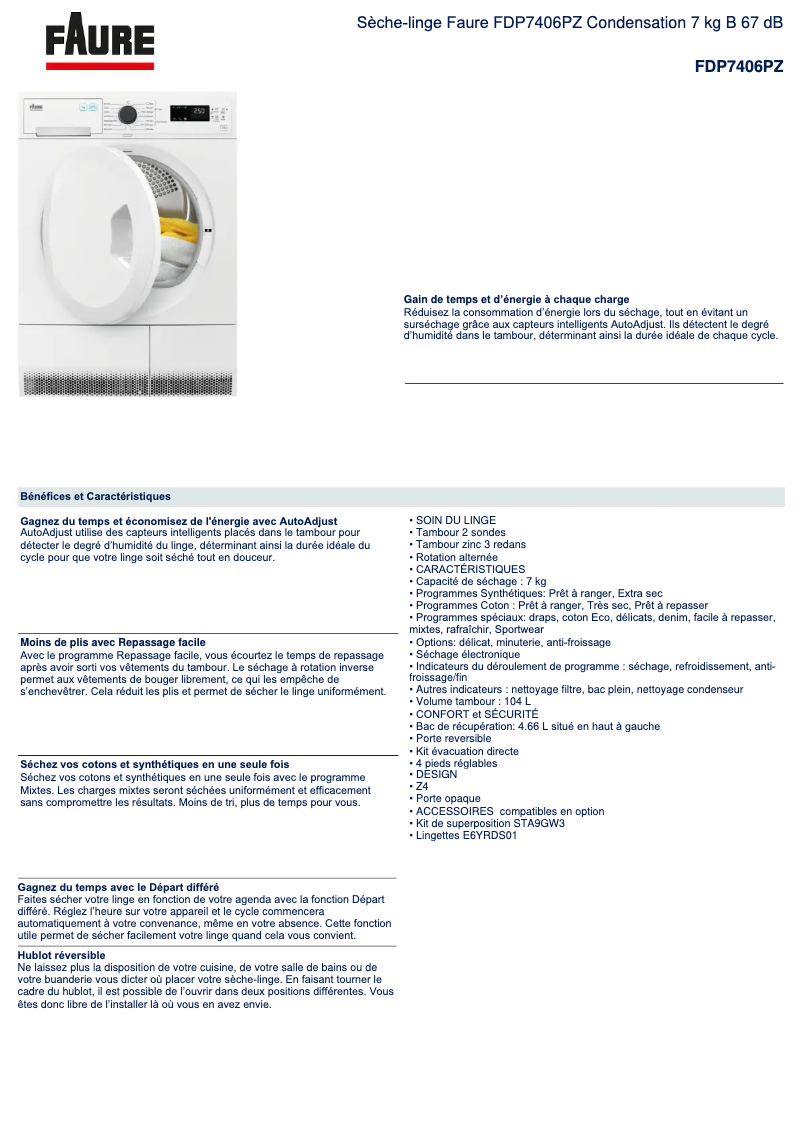 Página 1 del manual Ficha técnica Faure FDP7406PZ