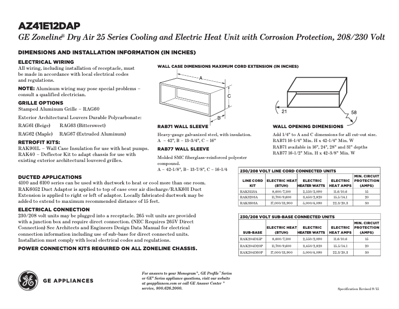 Página 1 del manual Ficha técnica GE AZ41E12DAP Zoneline