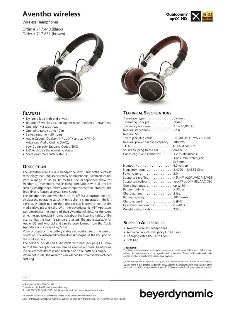Página 1 del manual Ficha técnica Beyerdynamic Aventho Wireless