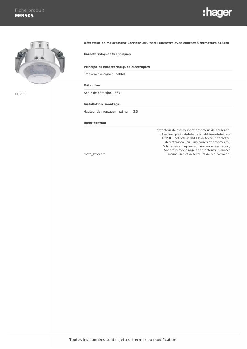 Página 1 del manual Ficha técnica Hager EER505