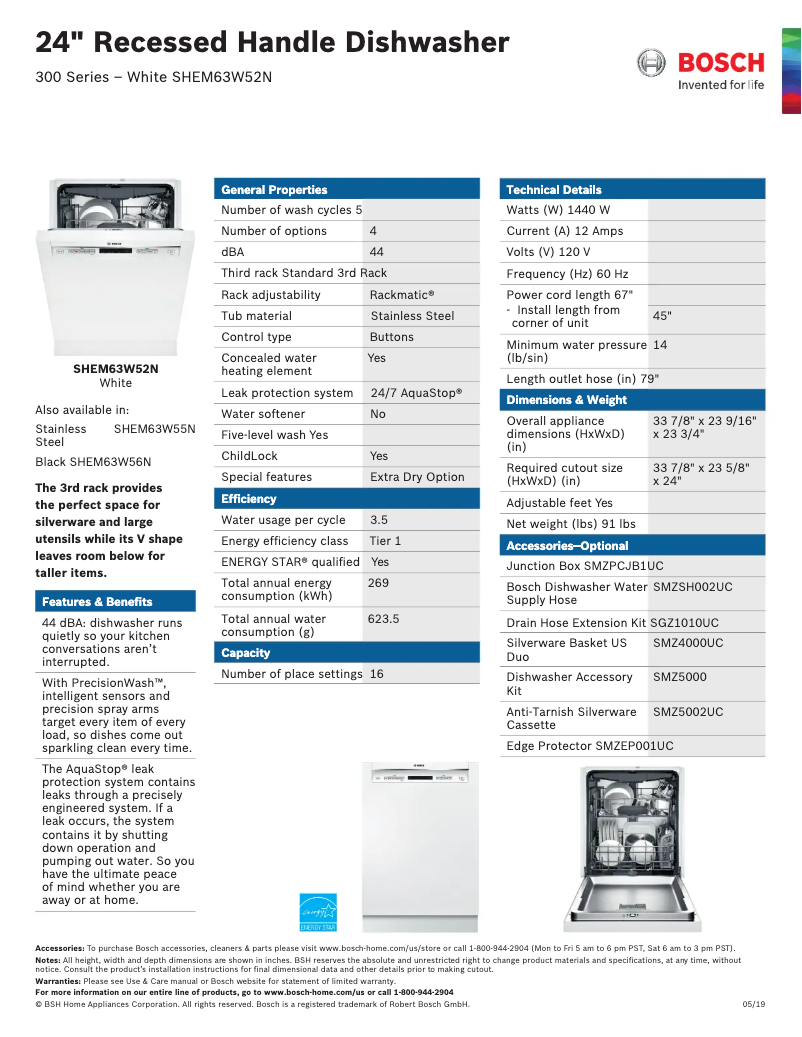 Página 1 del manual Ficha técnica Bosch SHEM63W52N