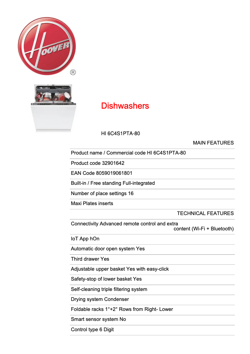 Página 1 del manual Ficha técnica Hoover HI 6C4S1PTA-80
