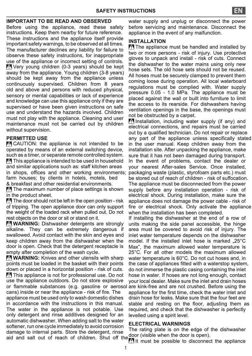 Página 1 del manual Instrucciones de seguridad Indesit DSFE 1B10 UK N