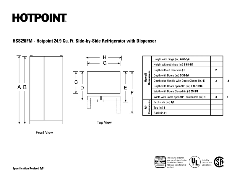 Página 1 del manual Ficha técnica Hotpoint HSS25IFMWW