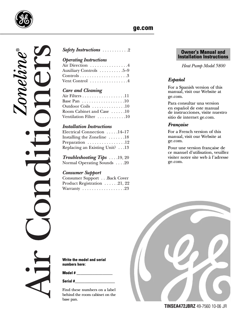 Página 1 del manual Guía de instalación GE AZ58H09EAD