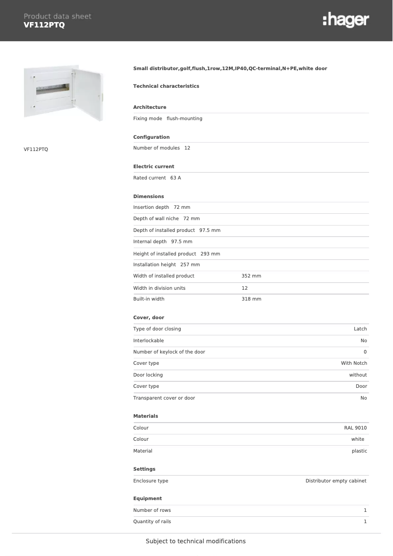 Página 1 del manual Ficha técnica Hager VF112PTQ
