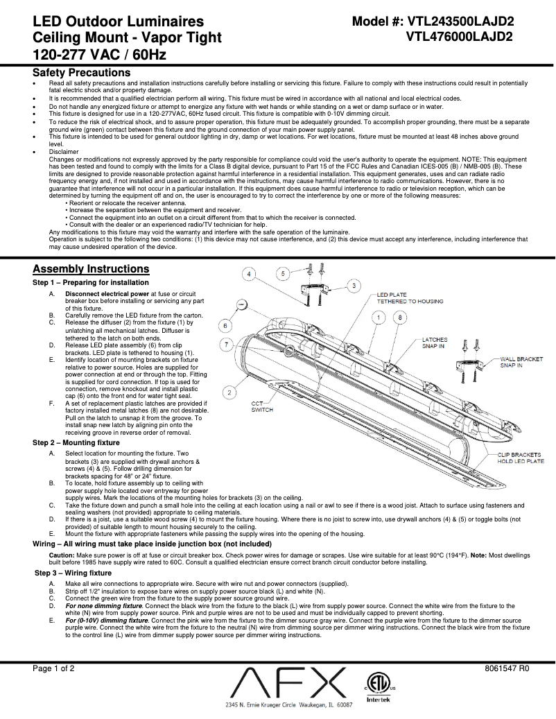 Página nº 1 - Manual de usuario AFX Vaportite VTL243500LAJD2