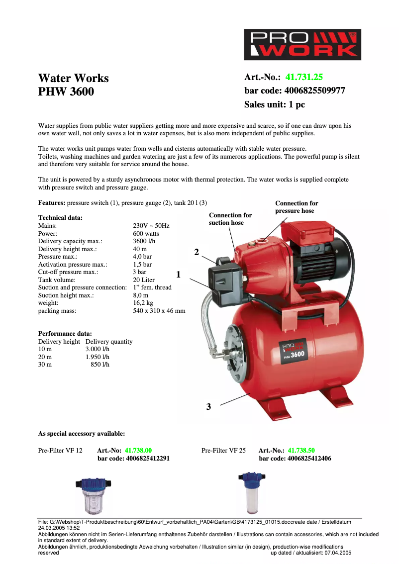 Página 1 del manual Ficha técnica Prowork PHW 3600