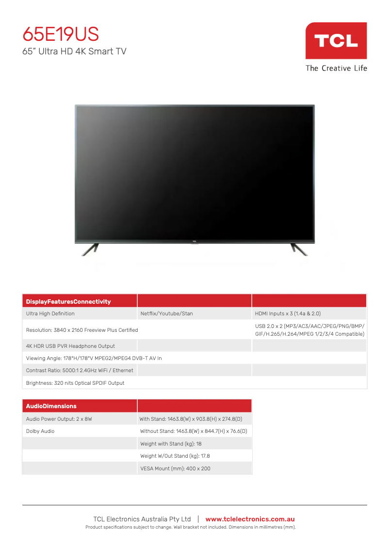 Página 1 del manual Ficha técnica TCL 65E19US