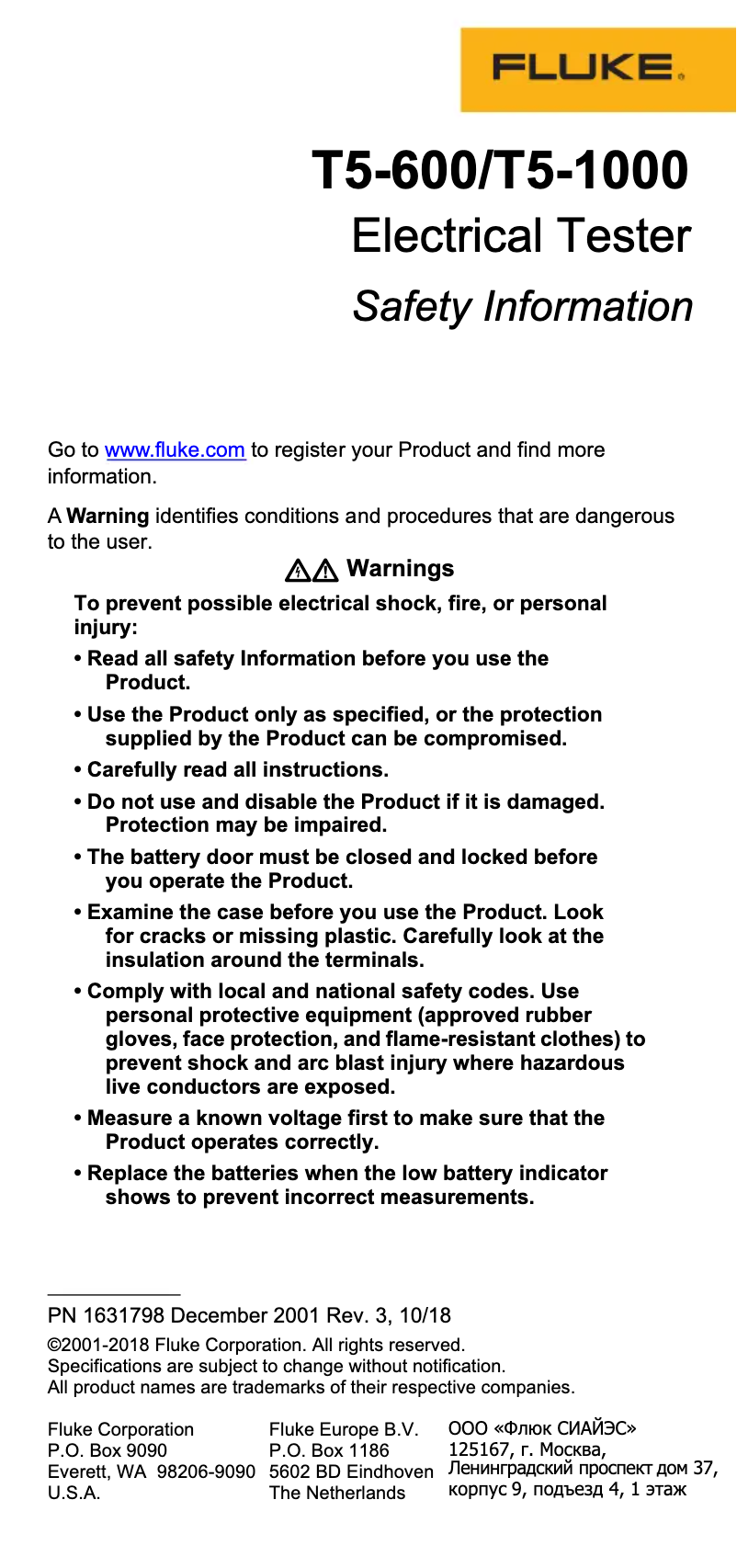 Página nº 1 - Instrucciones de seguridad Fluke T5-600