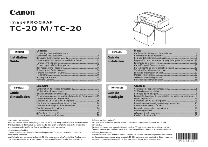 Página nº 1 - Guía de instalación Canon imagePROGRAF TC-20