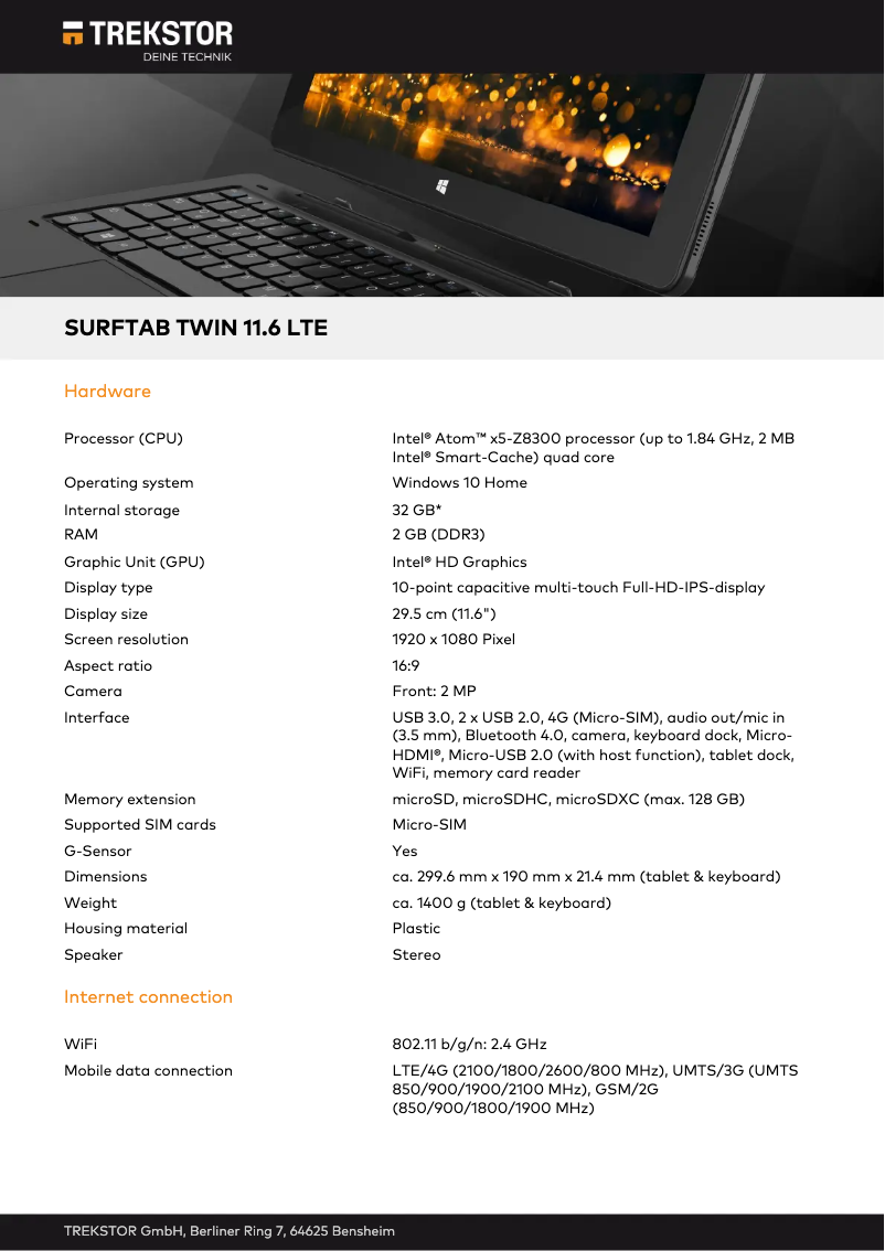 Página 1 del manual Ficha técnica TrekStor SurfTab twin 11.6