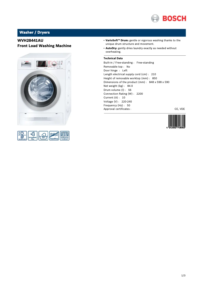 Página 1 del manual Ficha técnica Bosch Avantixx 7 WVH28441