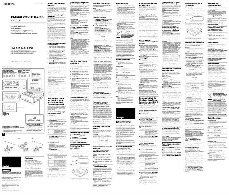 Imagen de la primera página del manual del dispositivo ICF-C218S