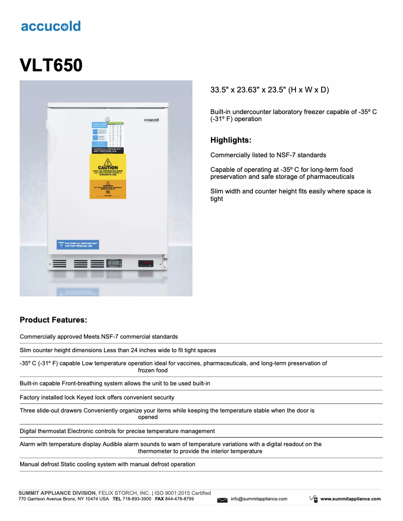 Imagen de la primera página del manual del dispositivo Accucold VLT650