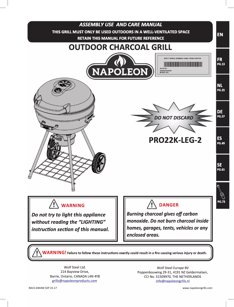 Página 1 del manual Manual de usuario Napoleon Pro Charcoal Leg