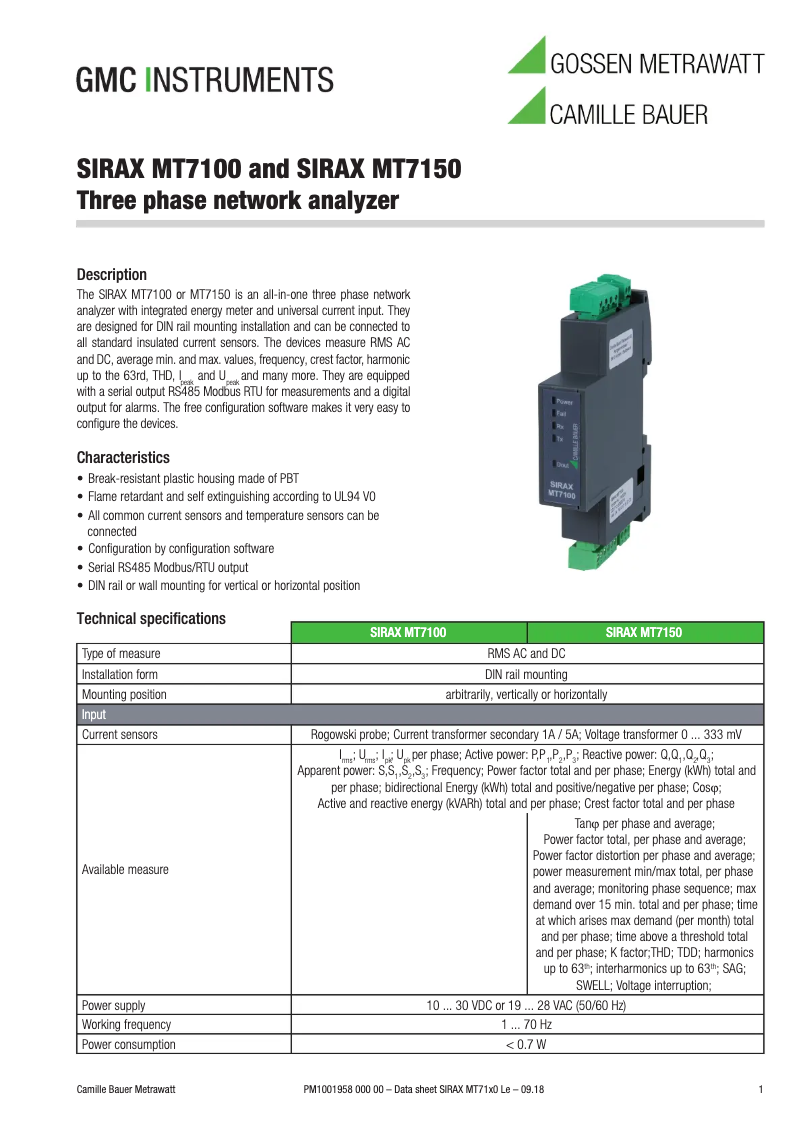 Página 1 del manual Ficha técnica Camille Bauer SIRAX MT7150