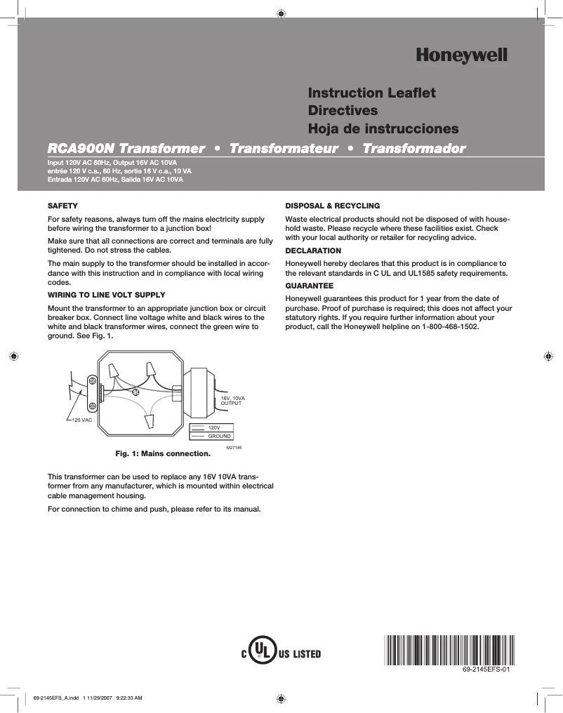 Página 1 del manual Manual de usuario Honeywell RCA900N1008/A