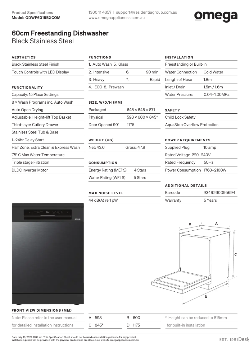 Página 1 del manual Ficha técnica Omega ODWF6015BXCOM