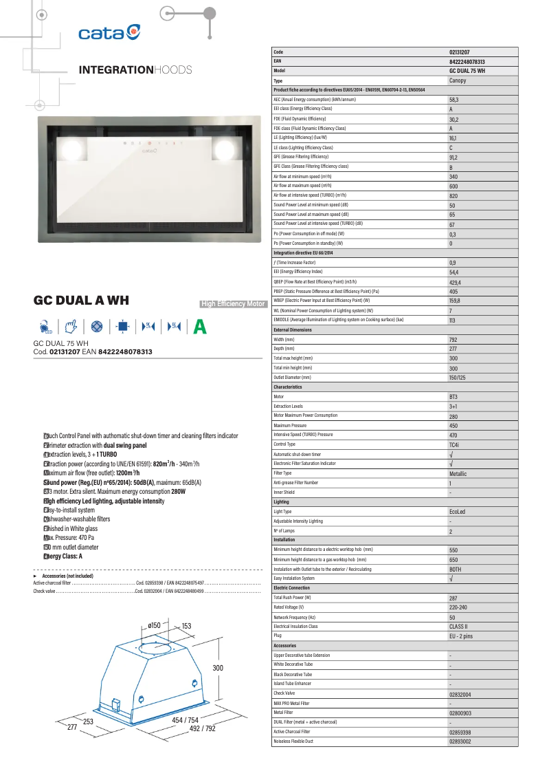 Página 1 del manual Ficha técnica CATA GC DUAL WH