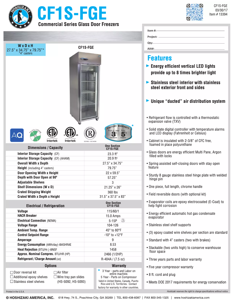 Página nº 1 - Ficha técnica Hoshizaki Commercial CF1S-FGE