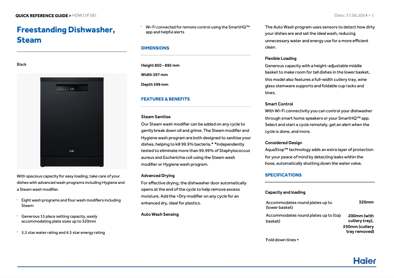 Página 1 del manual Manual de usuario Haier HDW15F3B1