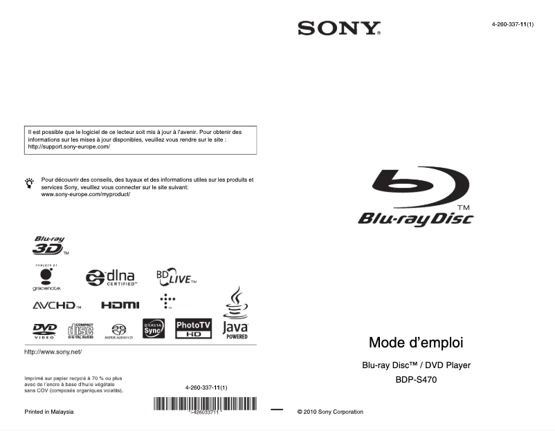 Imagen de la primera página del manual del dispositivo BDP-S470