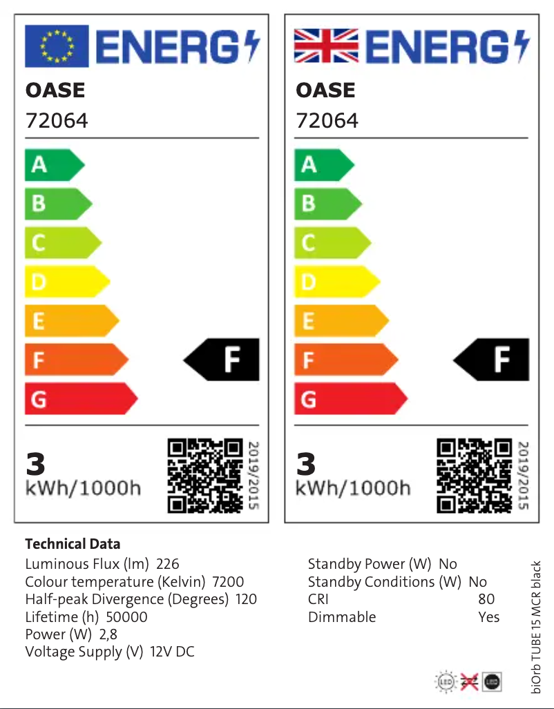 Página 1 del manual Etiqueta energética Oase biOrb TUBE 15