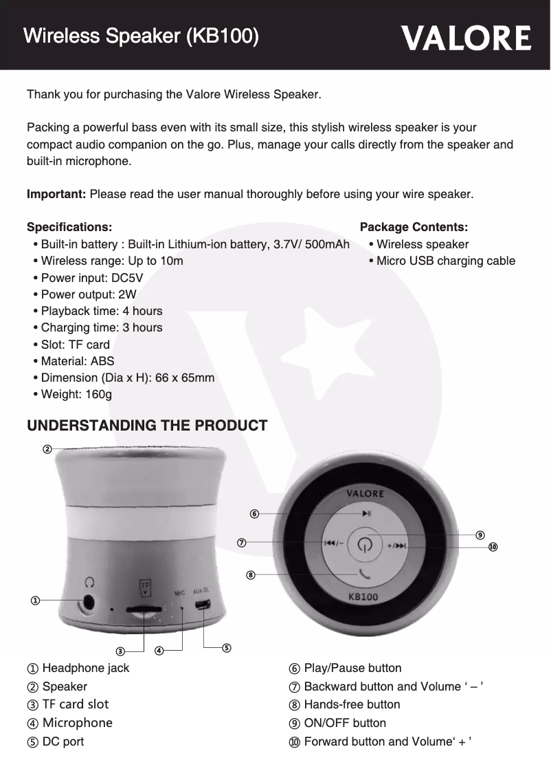 Página 1 del manual Manual de usuario Valore KB100
