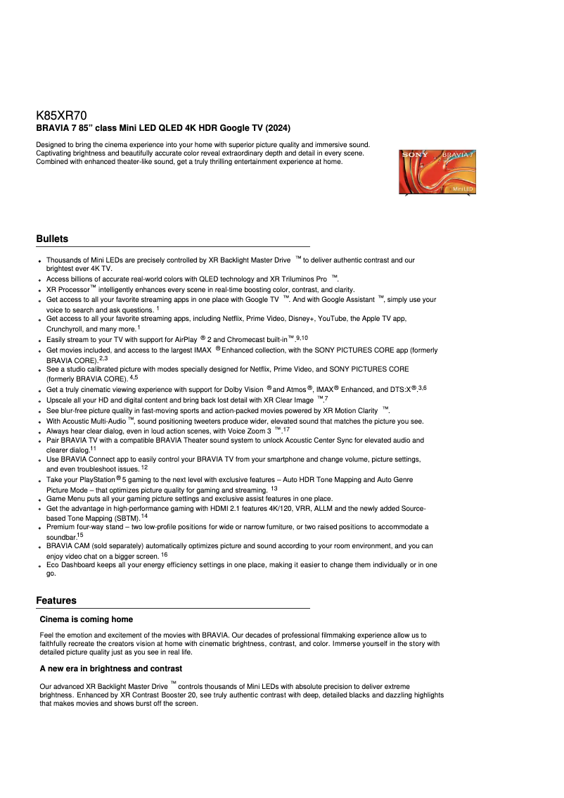 Imagen de la primera página del manual del dispositivo Bravia K-85XR70