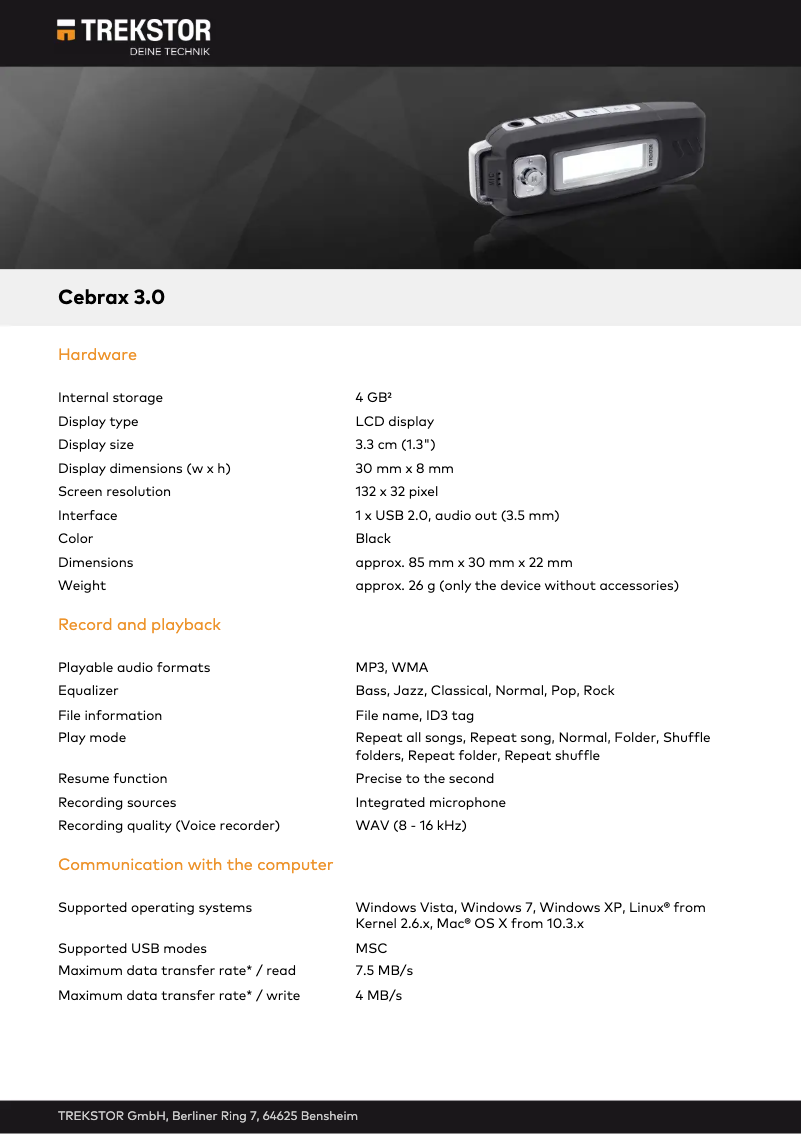 Página 1 del manual Ficha técnica TrekStor Cebrax 3.0