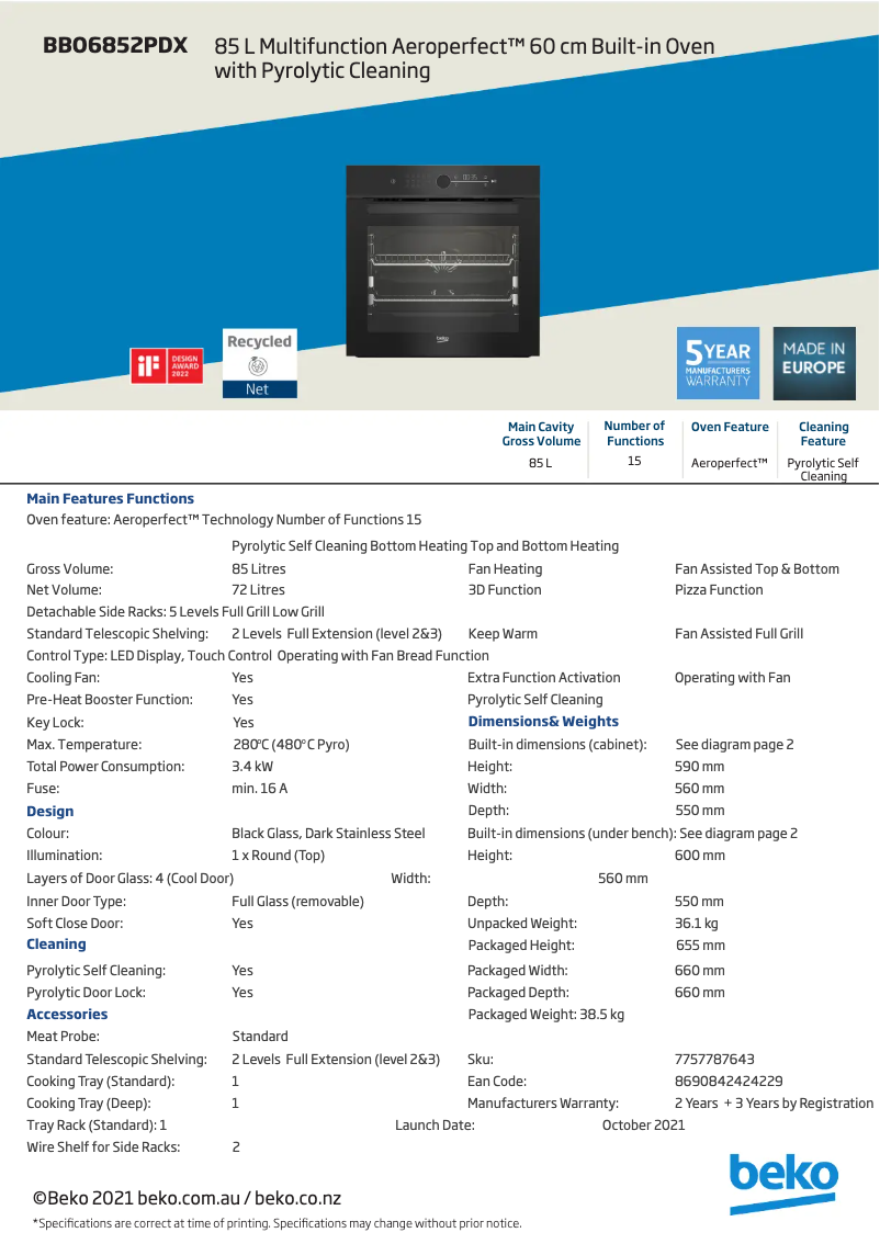 Página 1 del manual Ficha técnica Beko BBO6852PDX