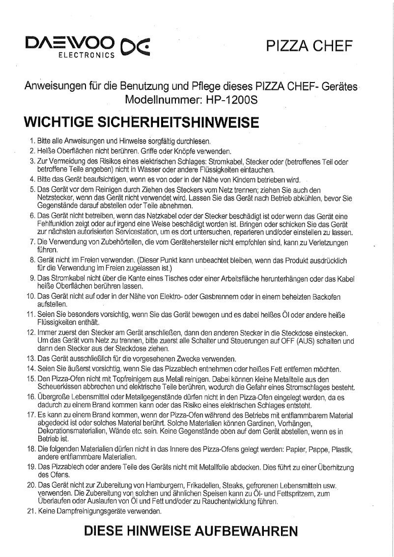 Página 1 del manual Manual de usuario Daewoo HP 1200S Pizza Chef