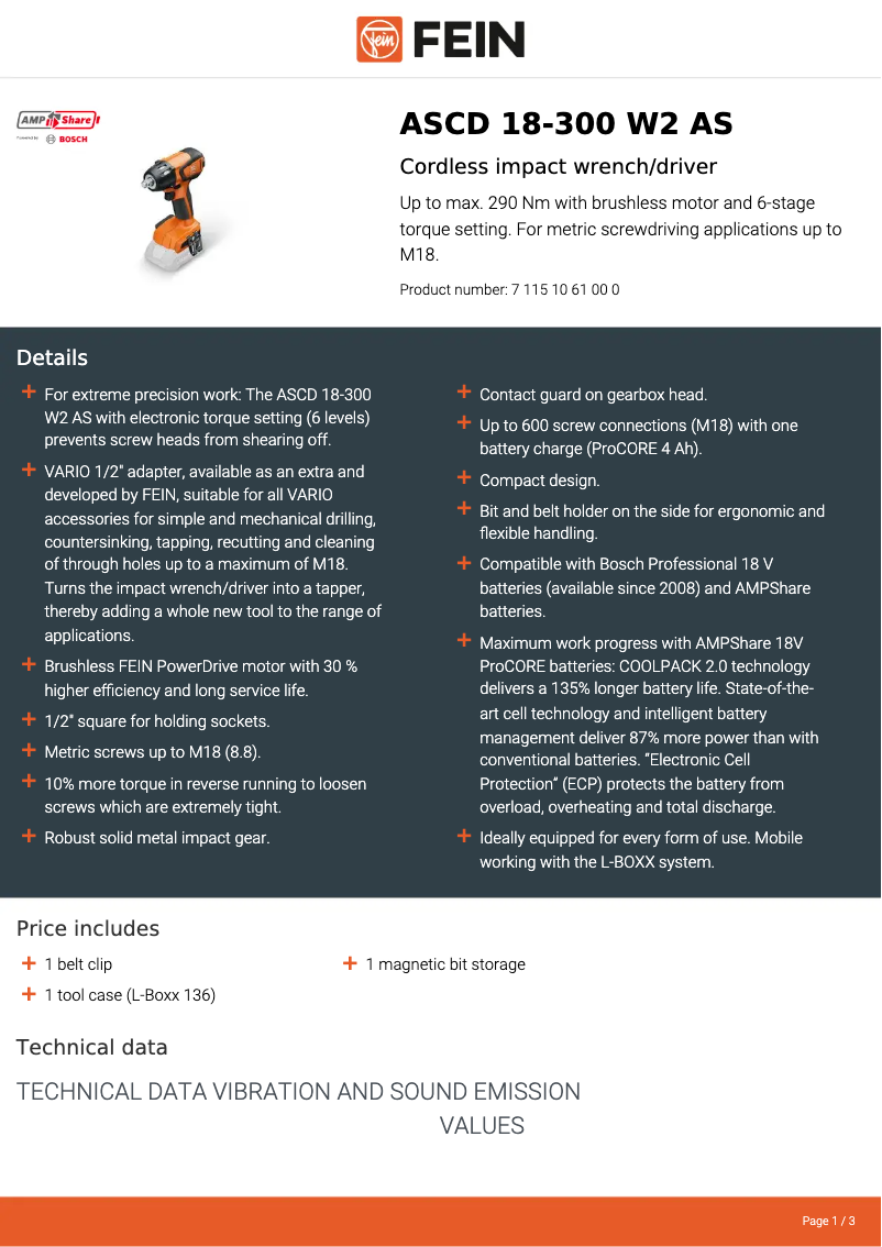 Página nº 1 - Ficha técnica Fein ASCD 18-300 W2
