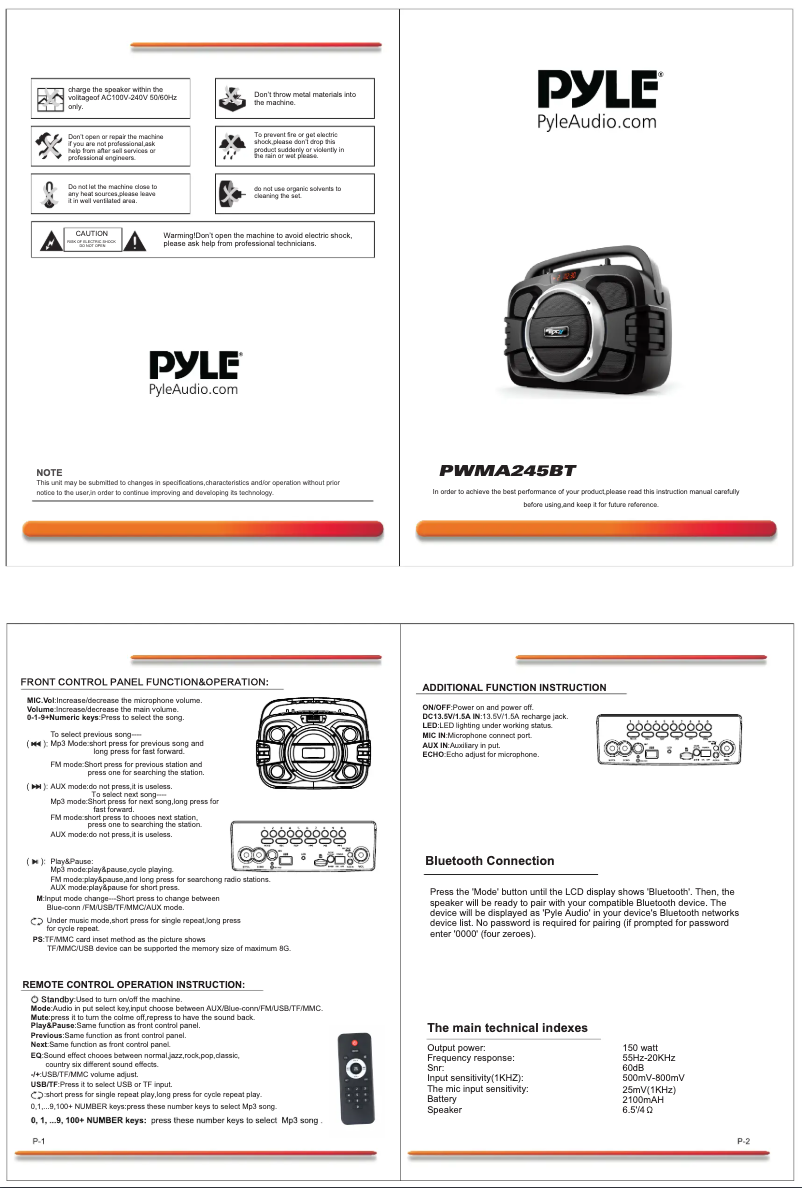 Página 1 del manual Manual de usuario Pyle PWMA245BT