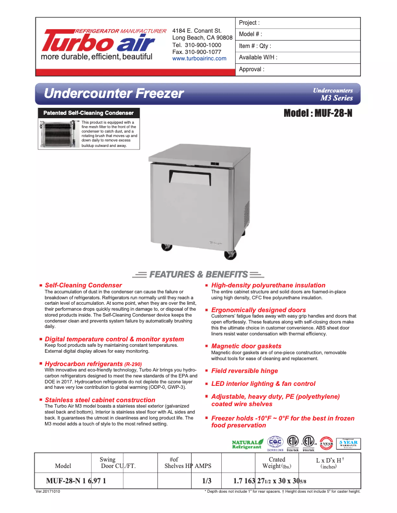 Página 1 del manual Ficha técnica Turbo air MUF-28
