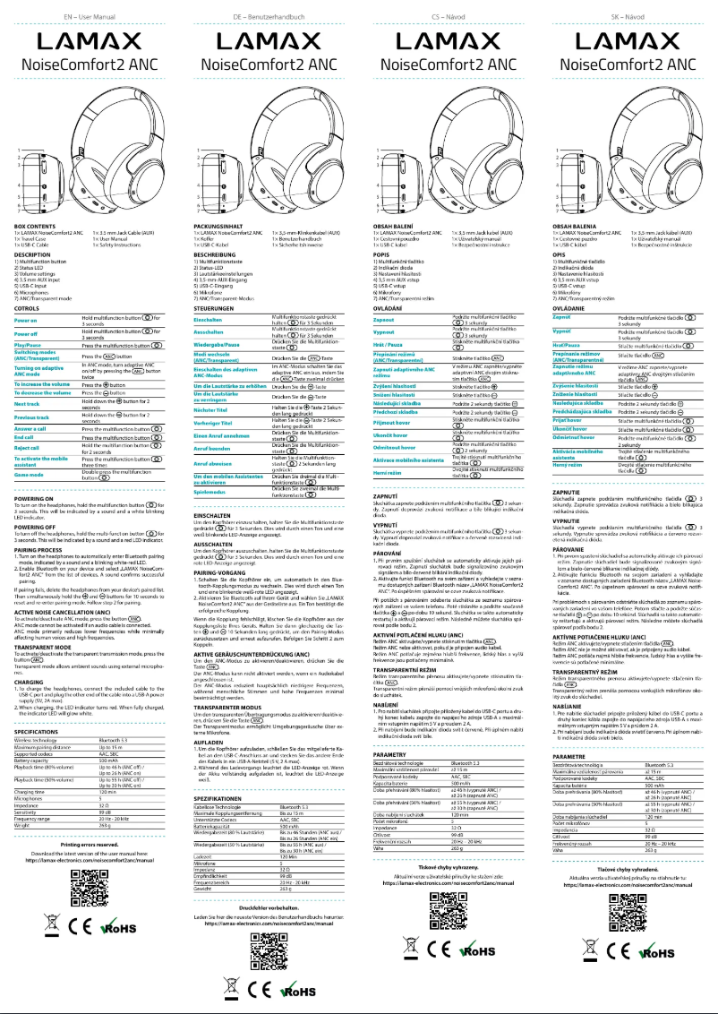 Imagen de la primera página del manual del dispositivo NoiseComfort2 ANC