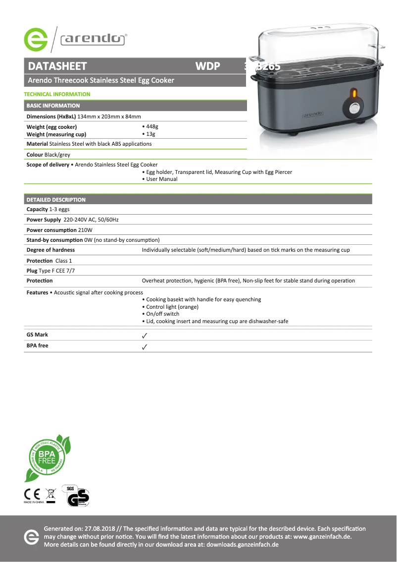 Página 1 del manual Ficha técnica Arendo 303265