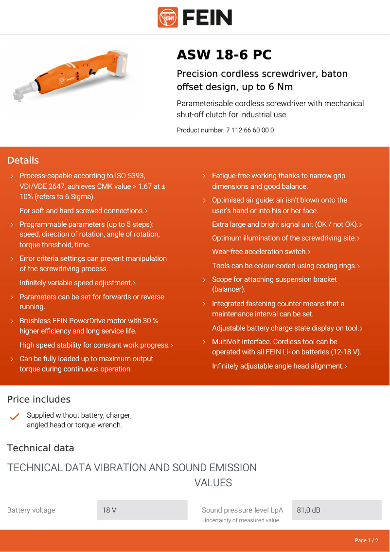 Página 1 del manual Ficha técnica Fein ASW 18-6 PC