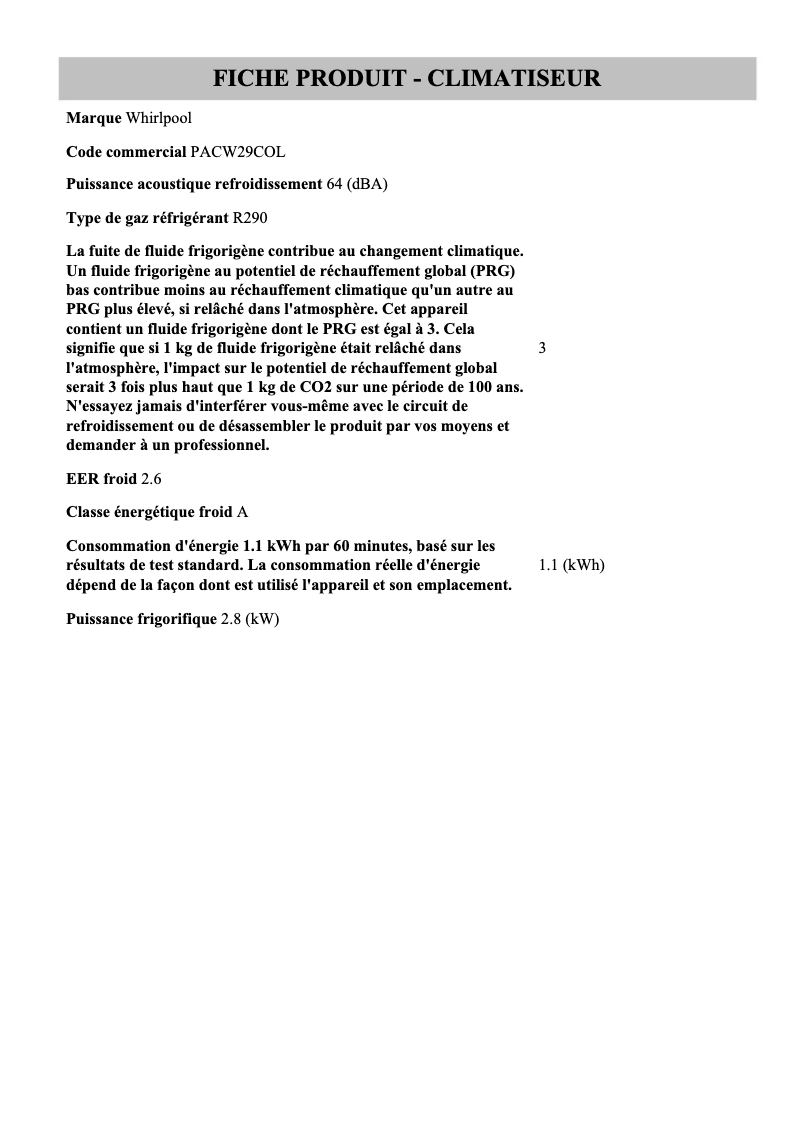 Página 1 del manual Ficha técnica Whirlpool PACW29COL