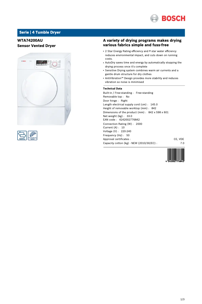 Página 1 del manual Ficha técnica Bosch WTA74200AU