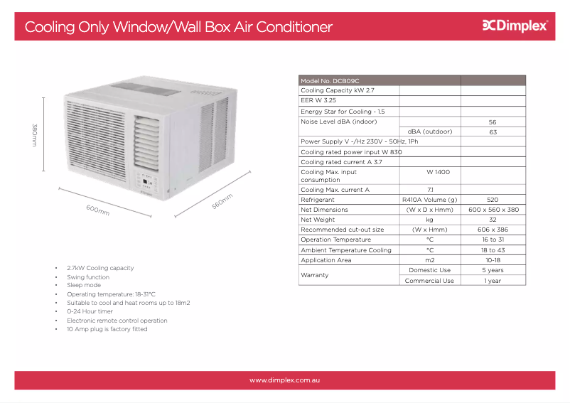 Página 1 del manual Ficha técnica Dimplex DCB09C