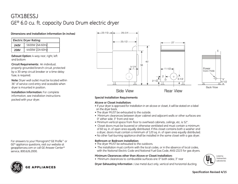 Imagen de la primera página del manual del dispositivo GTX18ESSJWW