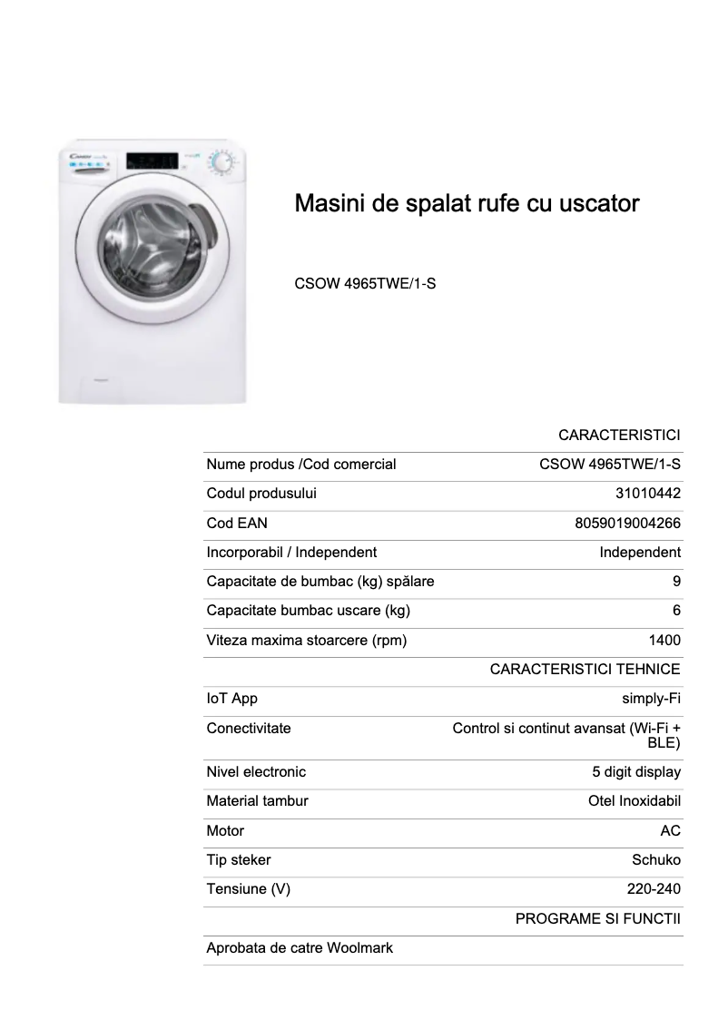 Página 1 del manual Ficha técnica Candy CSOW 4965TWE/1-S