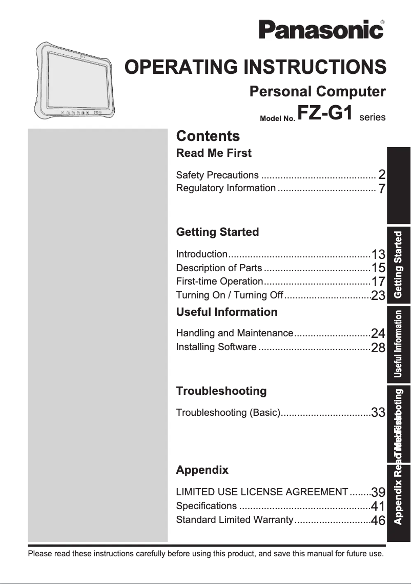 Imagen de la primera página del manual del dispositivo Toughbook CF-C2