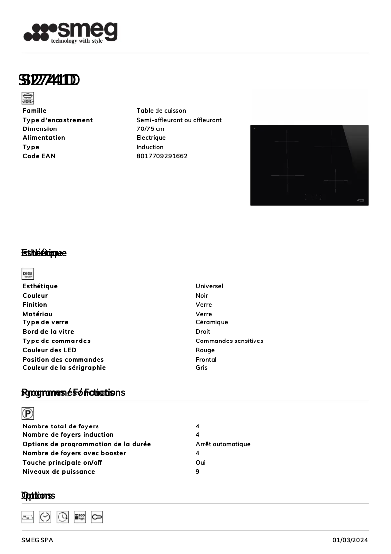 Página 1 del manual Ficha técnica Smeg SI2741D