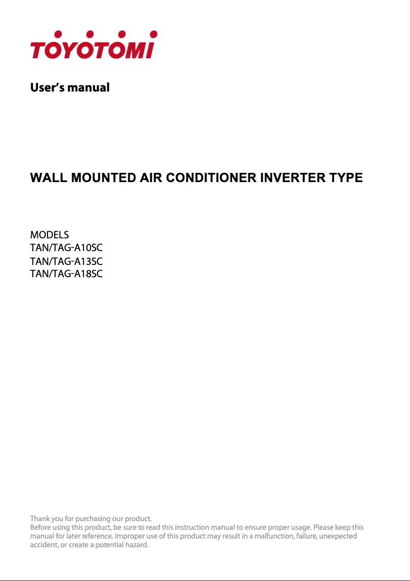 Página 1 del manual Manual de usuario Toyotomi TAN/TAG-A18SC