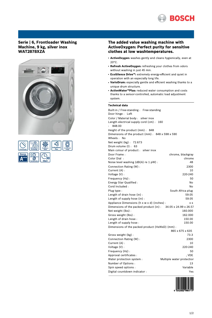 Página nº 1 - Ficha técnica Bosch WAT2878XZA